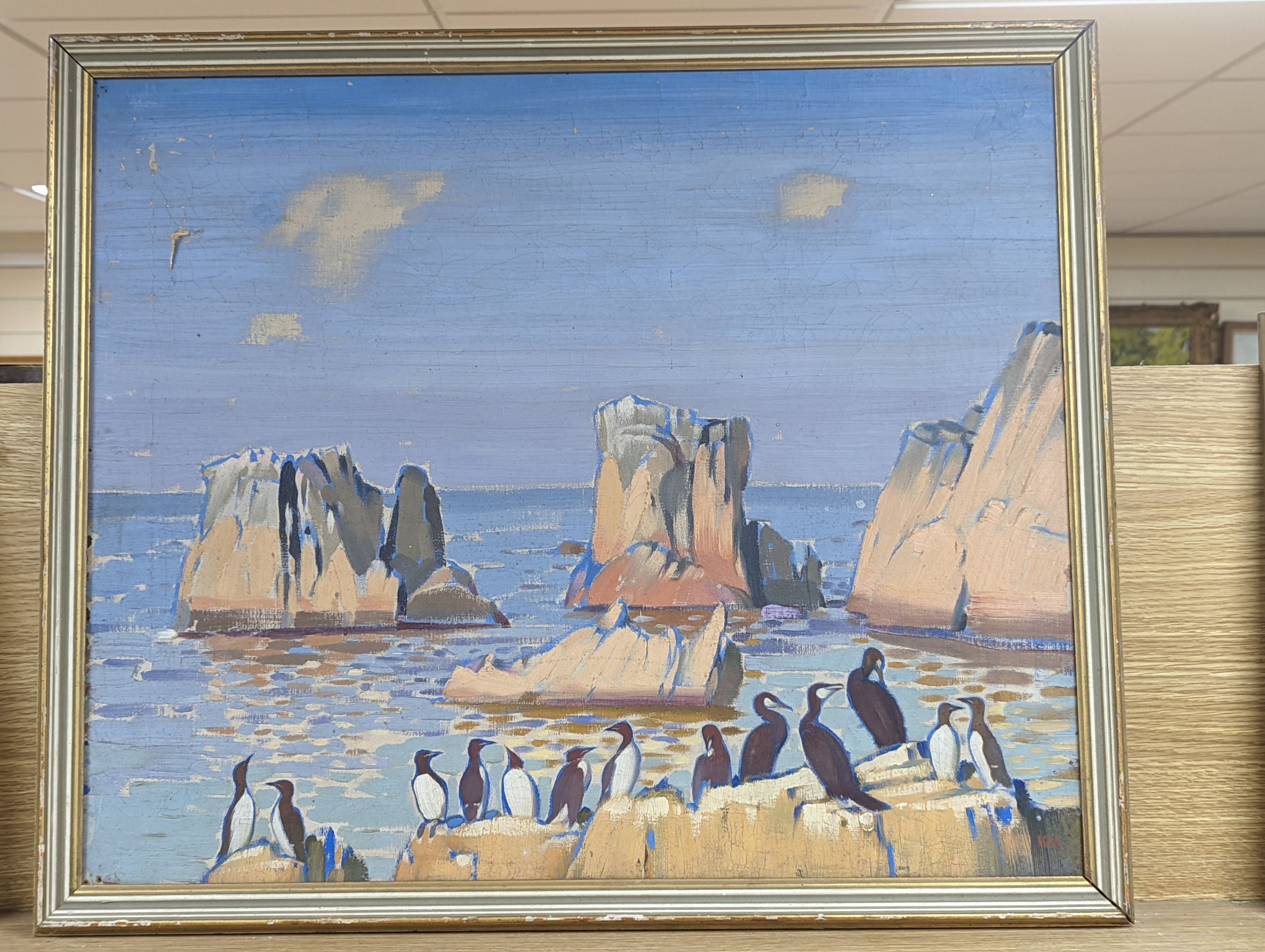 Keith Henderson (1883-1982), oil on canvas, Rocks near Ballyrath with guillemots and cormorants, initialled and titled verso, 50 x 60cm